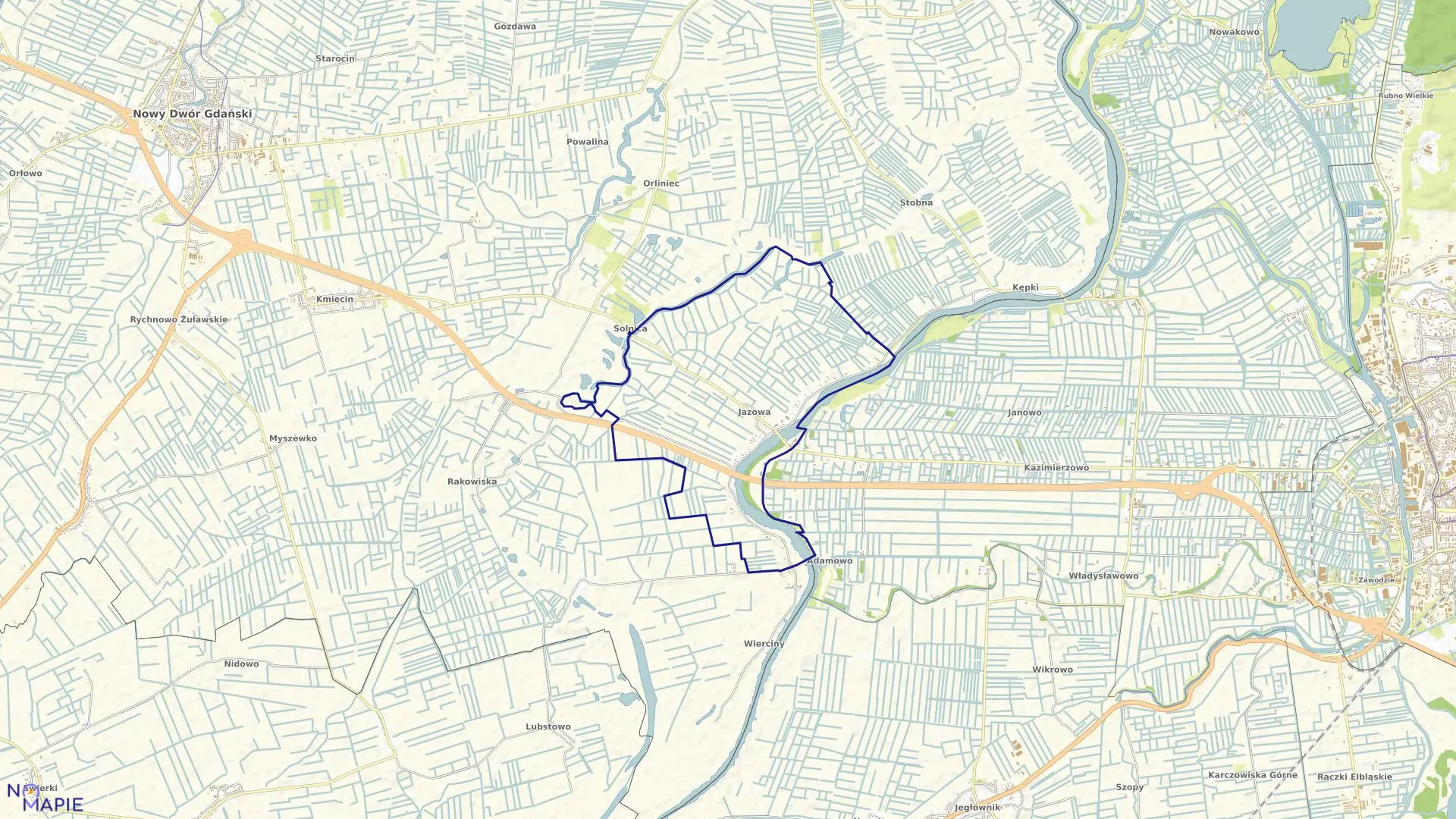 Mapa obrębu Jazowa w gminie Nowy Dwór Gdański