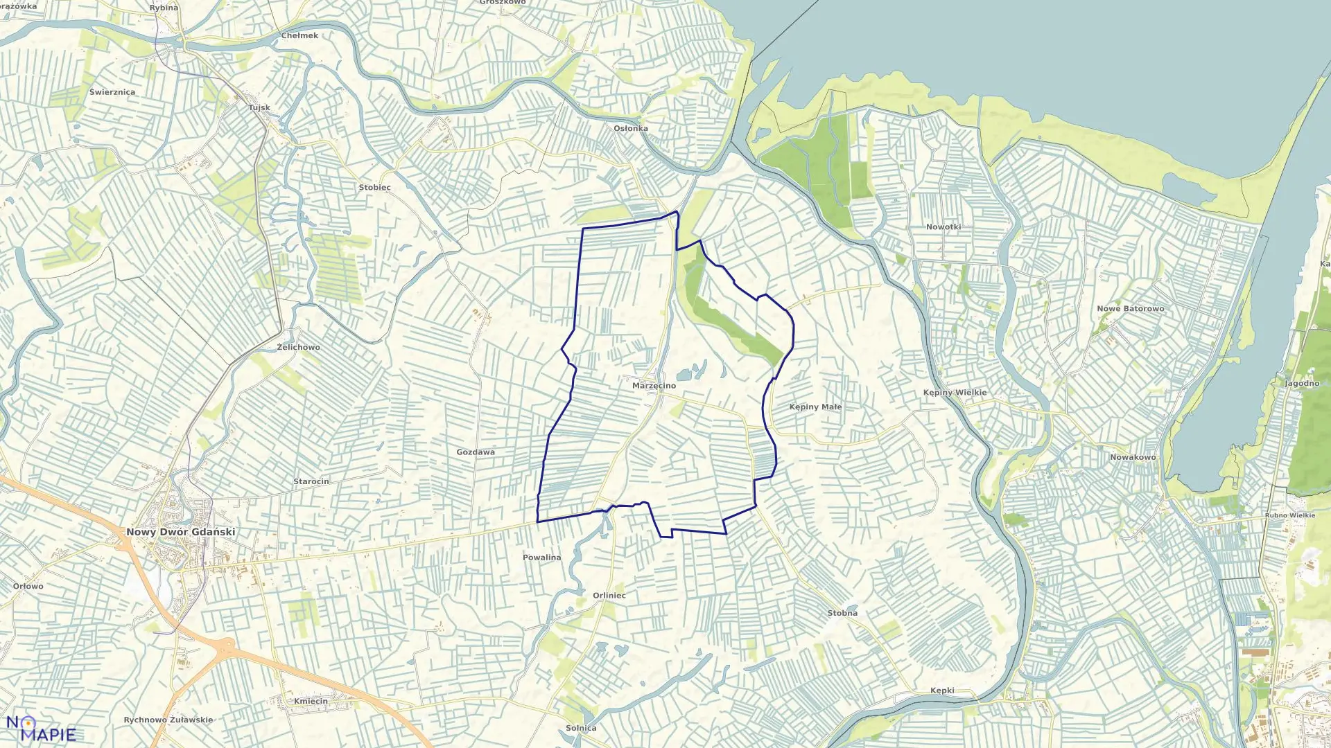 Mapa obrębu Marzęcino w gminie Nowy Dwór Gdański