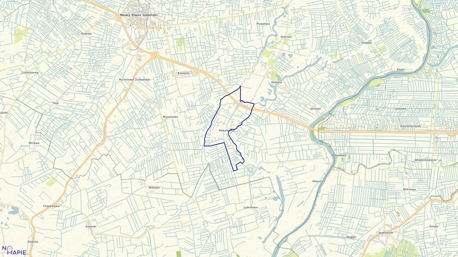 Mapa obrębu Rakowiska w gminie Nowy Dwór Gdański