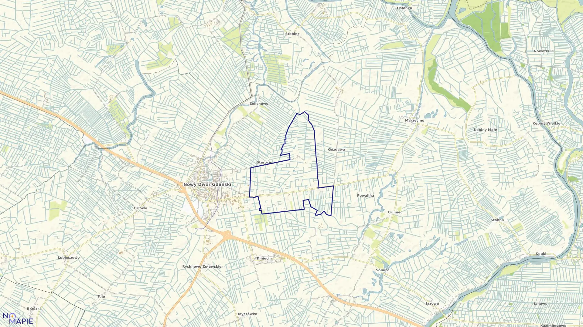 Mapa obrębu Starocin w gminie Nowy Dwór Gdański